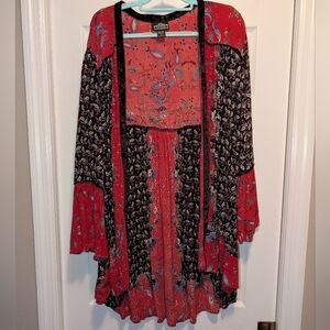 Red & Black Paisley Angie Kimono Cardigan. Velvet Lining. Flowy & FUN. Size XL.